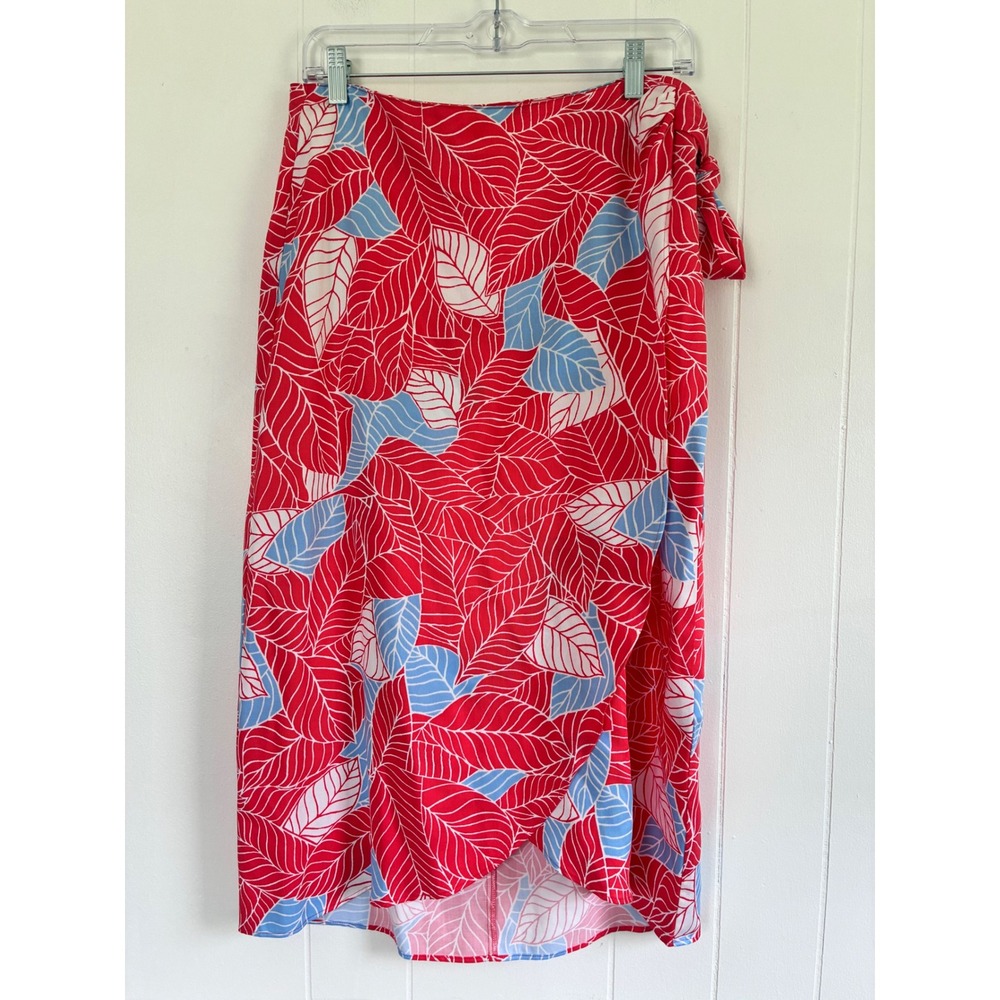 UNTUCKit Wilma Red Blue Leaf Print Lyocell Wrap Midi Skirt Womens Small 40900